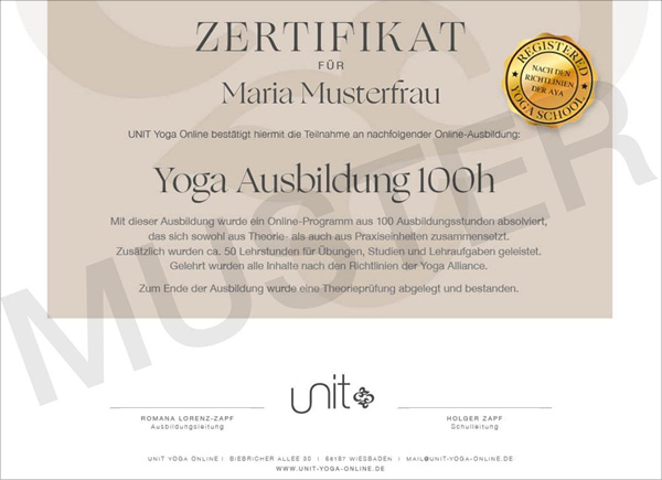 Musterzertifikat 100h Online Yoga Ausbildung