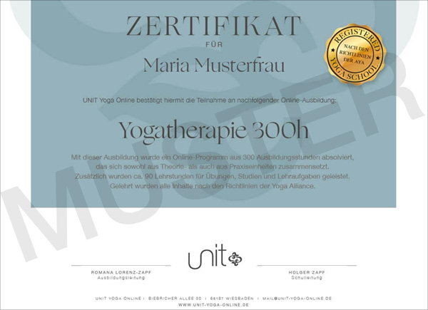 Musterzertifikat-Yogatherapie-300h-Online UNIT Yoga