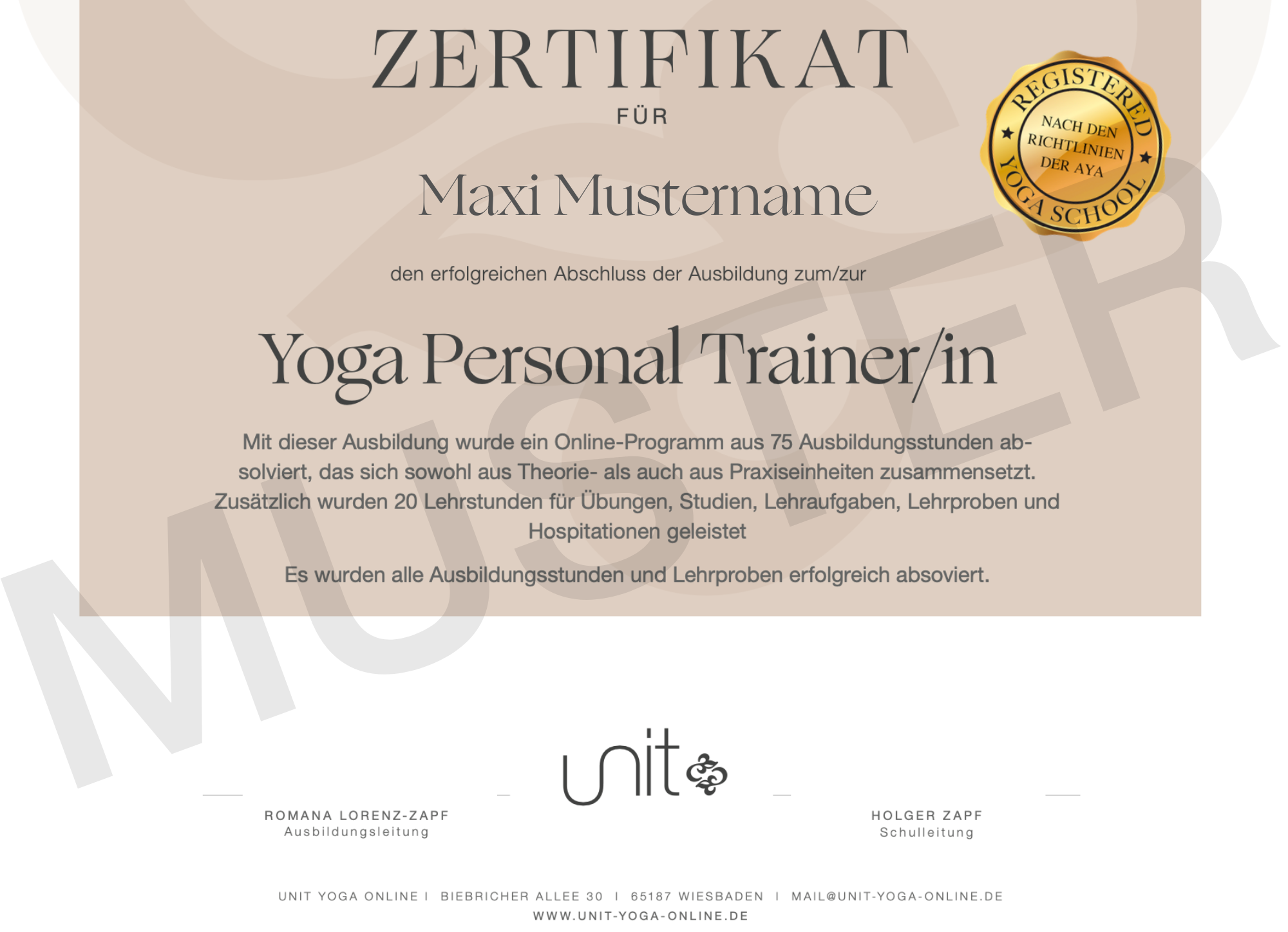 Muster Zertifikat Yoga Personal Trainer